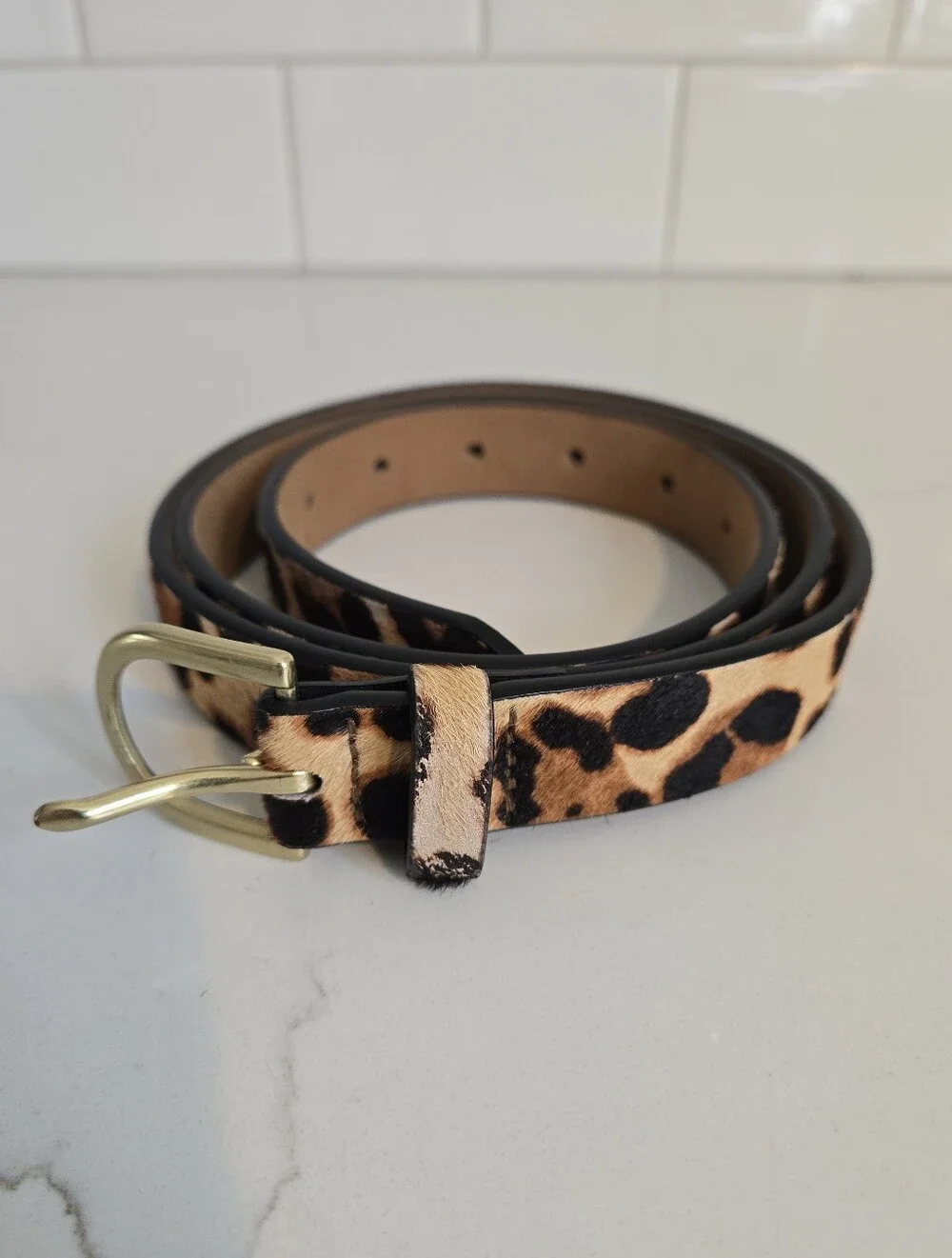 J Crew Leopard Print Calf Hair Belt with Gold Buckle L/XL